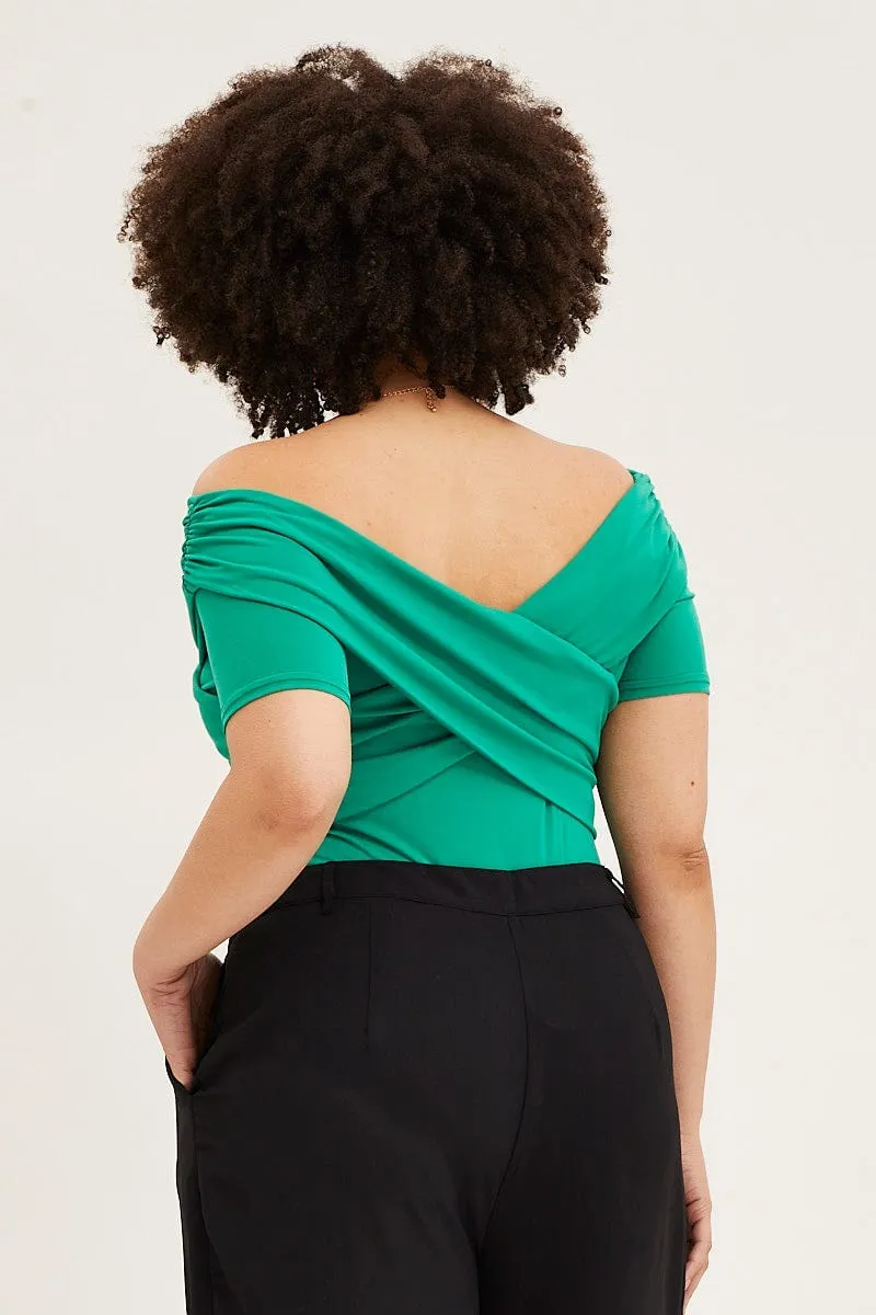 Green Off Shoulder Jersey Wrap Bodysuit SeamlessFit