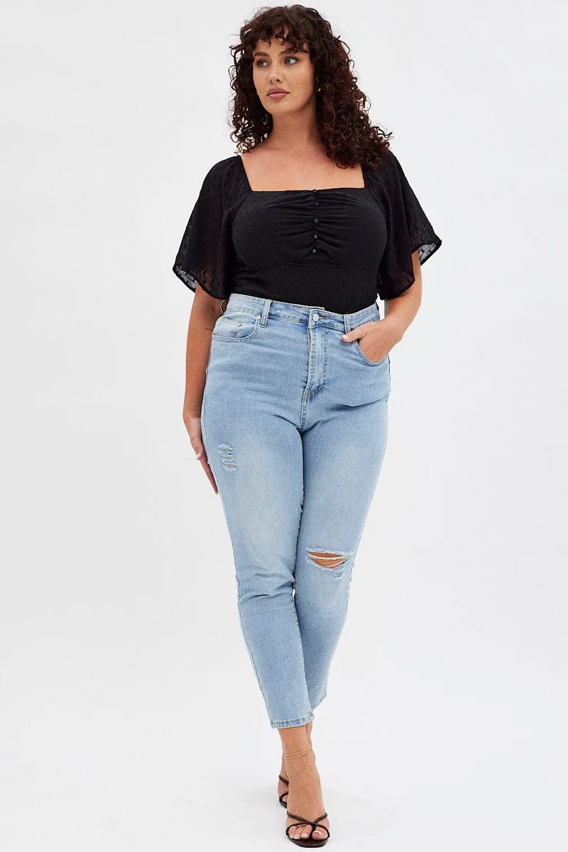 Black Ruched Bodysuit Short Sleeve AirflowOptimized