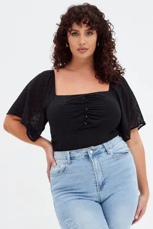 Black Ruched Bodysuit Short Sleeve DurableThreadwork