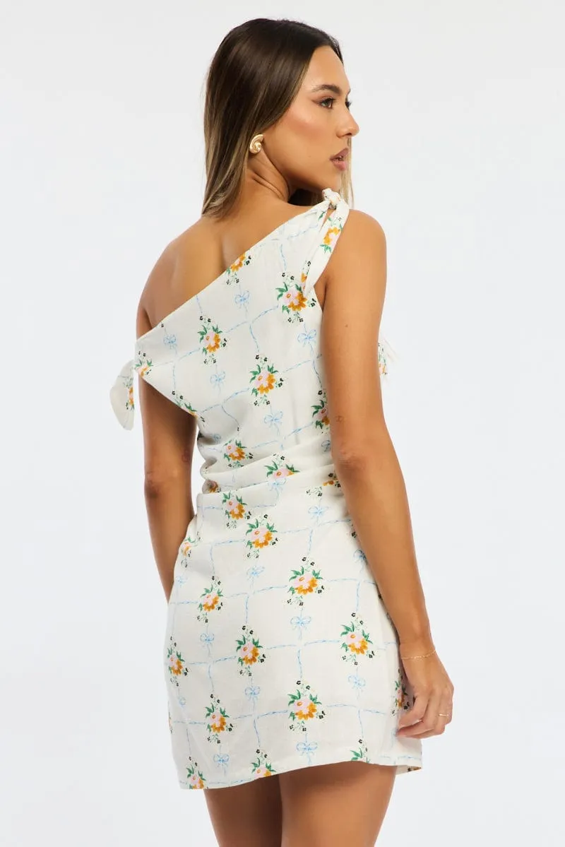 White Floral Bodycon Dress Tie Up Shoulder QuickPackable Design Soft Core