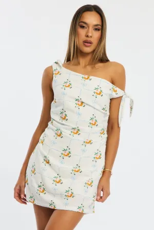 White Floral Bodycon Dress Tie Up Shoulder AdjustableWaist