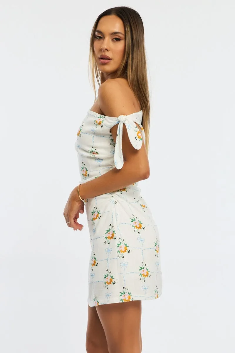 White Floral Bodycon Dress Tie Up Shoulder Cozy Dress
