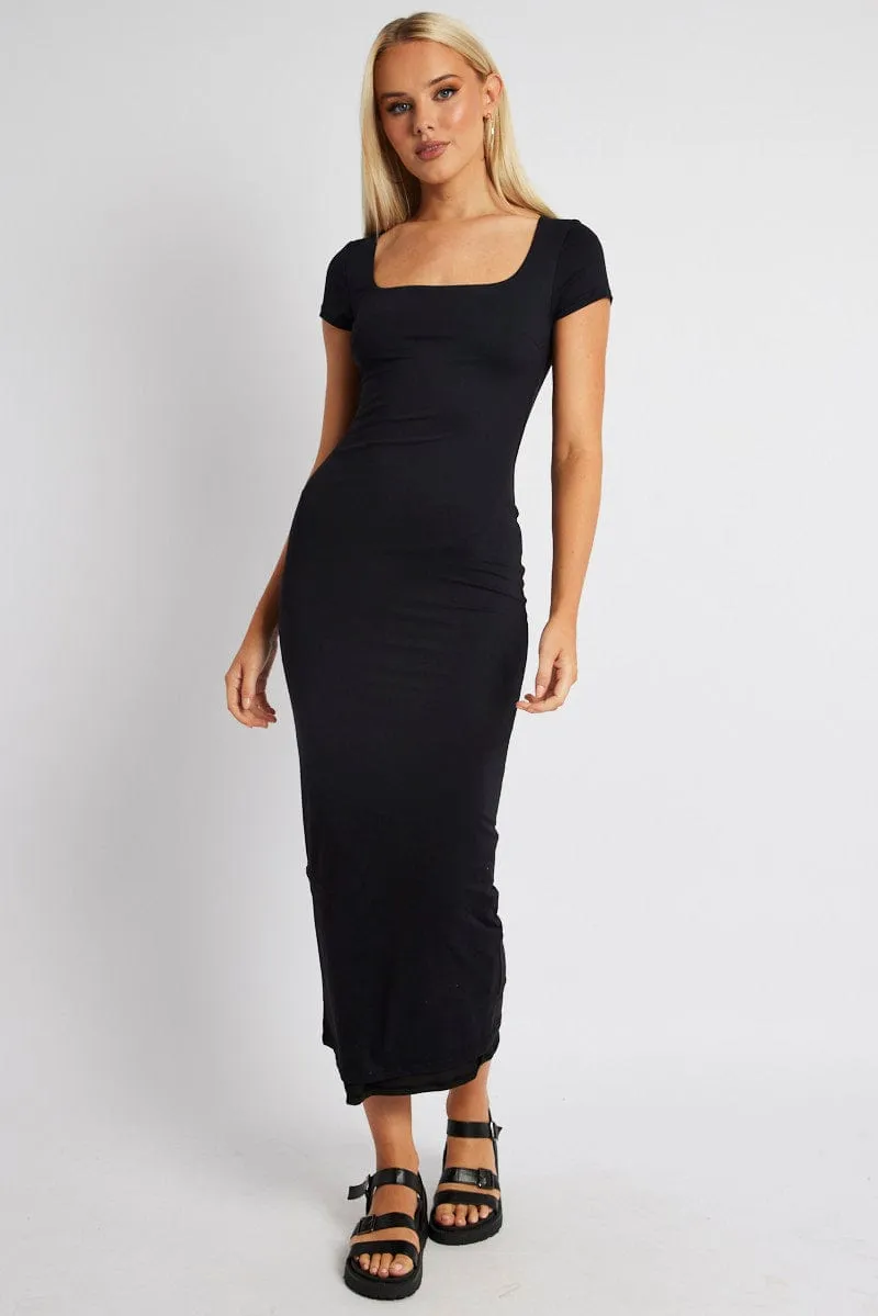Cyber Glow Thermal Insulation Black Bodycon Dress Short Sleeve Maxi