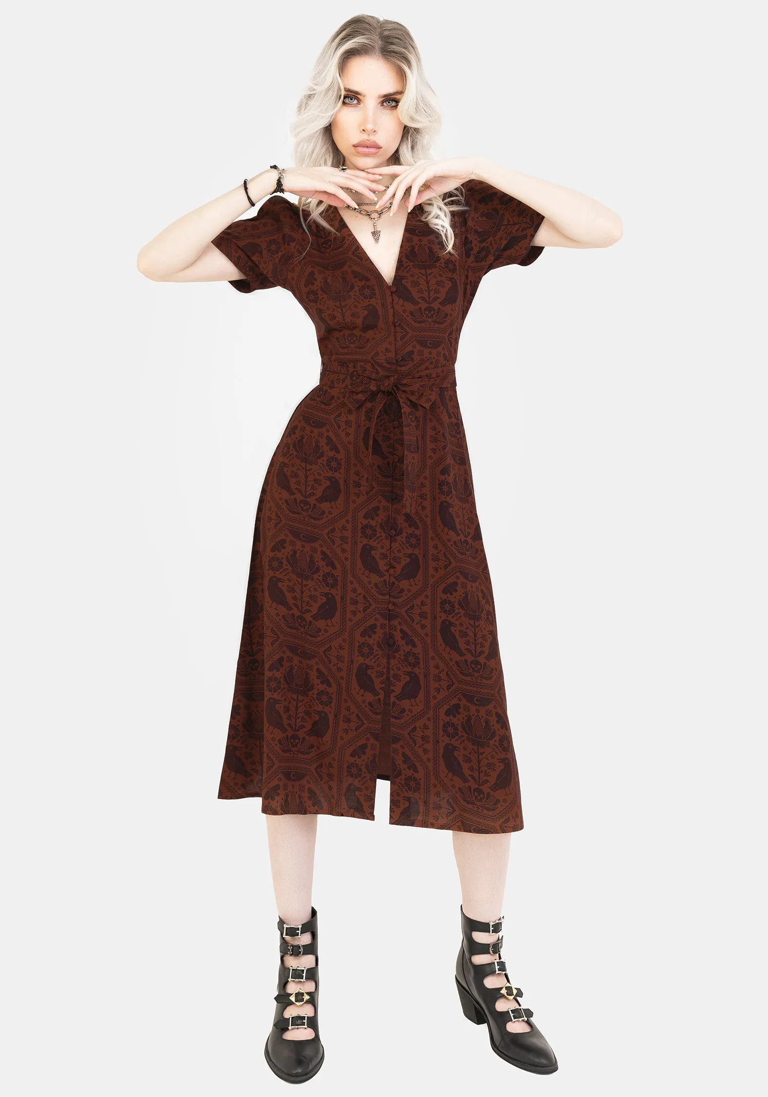 Mist Valley Vibrant Style Annabel Raven Print Button Up Midi Dress - Rust
