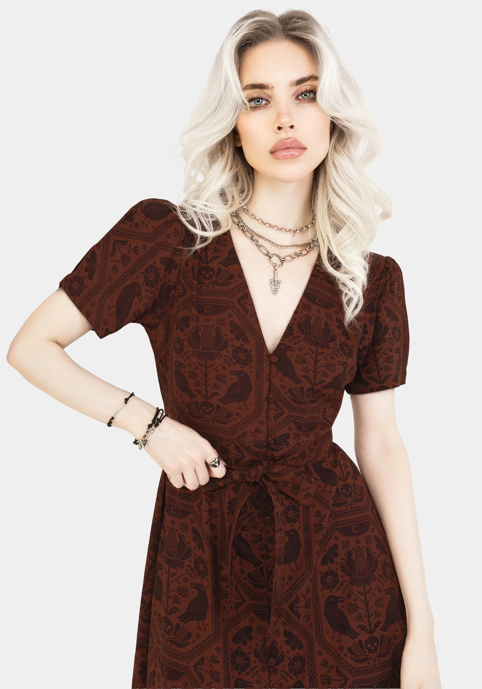 Sophisticated Design Annabel Raven Print Button Up Midi Dress - Rust