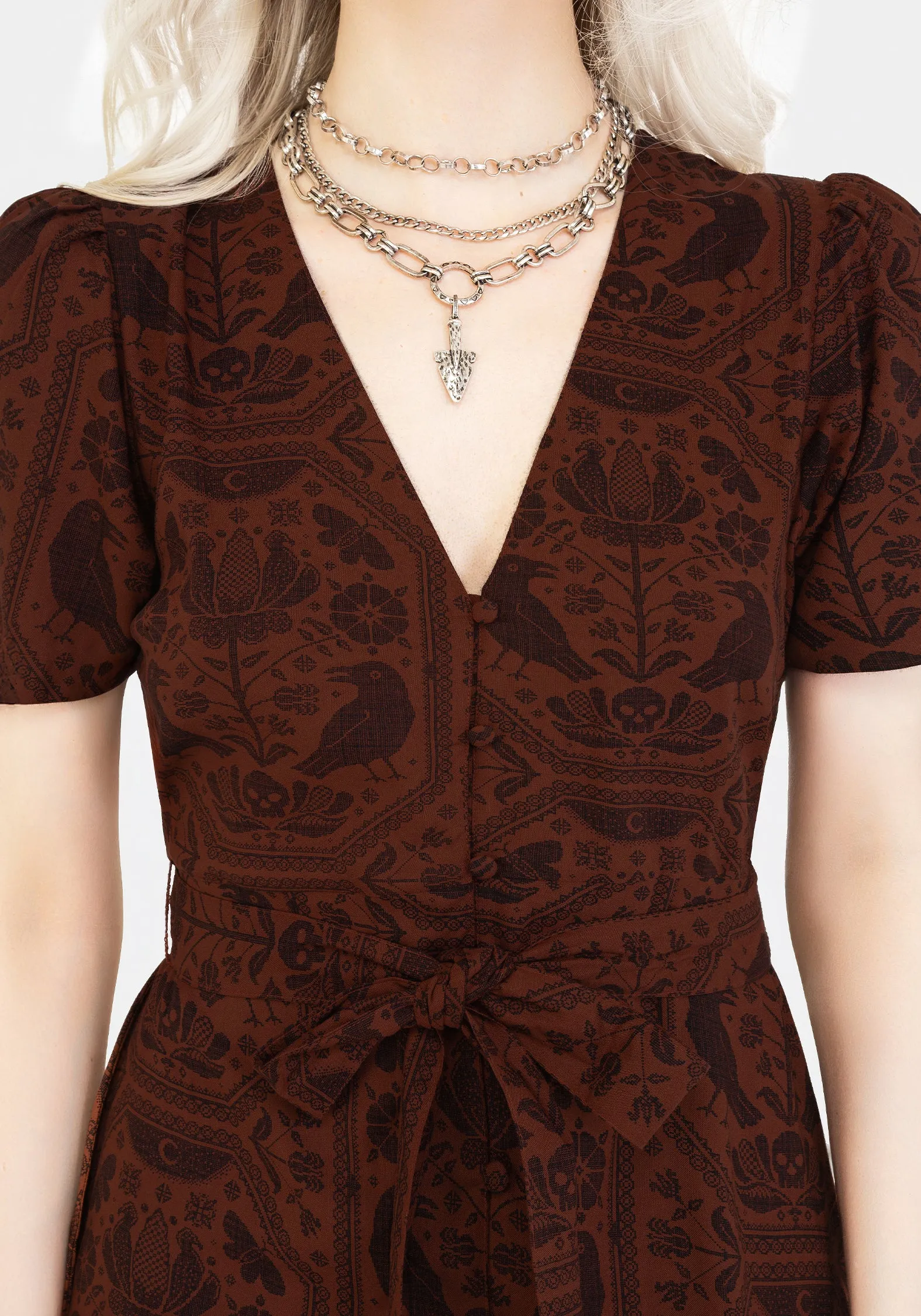 Vibrant color midi Perfect Fit Annabel Raven Print Button Up Midi Dress - Rust