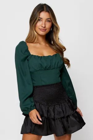 Stretch Material Black Mini Skirt Shirred Waist Satin