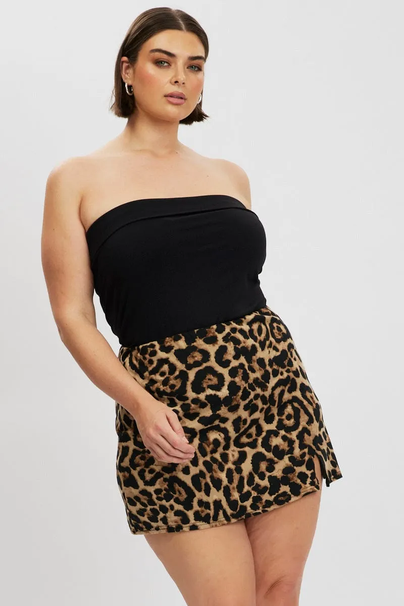 Friction Free Brown Animal Print Jersey Split Leopard Mini Skirt