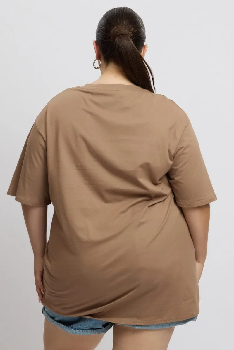 Retro Style Brown Graphic Tee Short Sleeve Round Neck