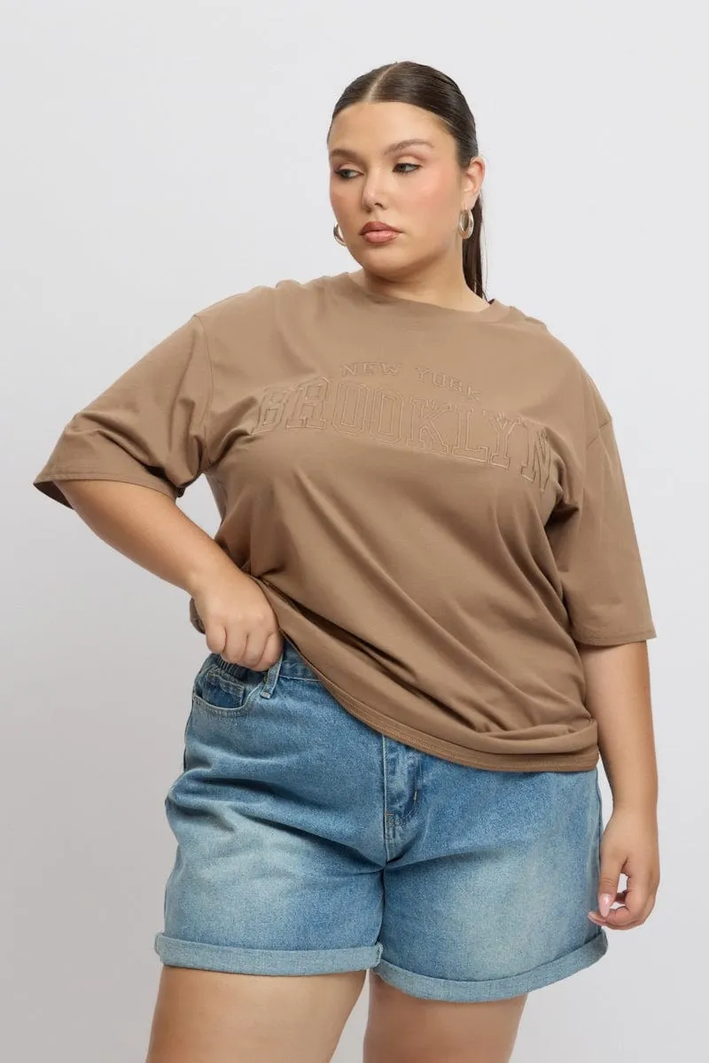 Plus Size Fit for Everyone Brown Graphic Tee Short Sleeve Round Neck