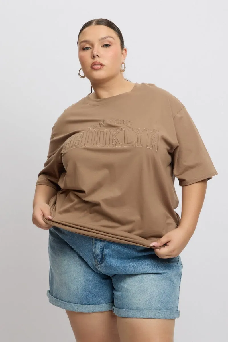 Brown Graphic Tee Short Sleeve Round Neck Perfect Fit Wear Breathable Look