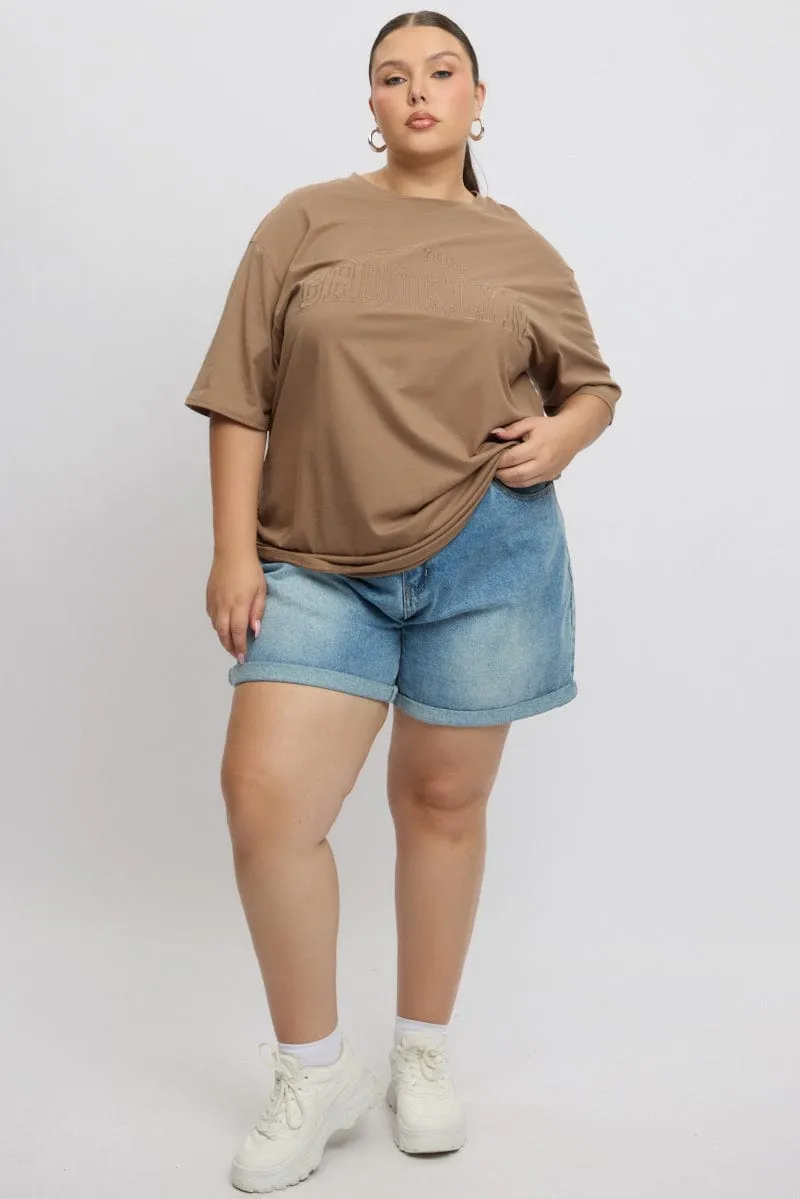 Multi Panel Structure Brown Graphic Tee Short Sleeve Round Neck