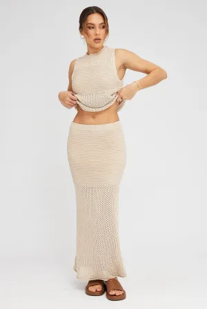 All Occasion Neutral Tones Beige Knit Skirt Midi Crochet
