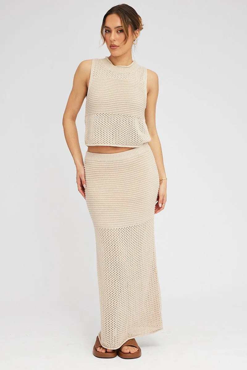 Beige Knit Skirt Midi Crochet Washable fabric