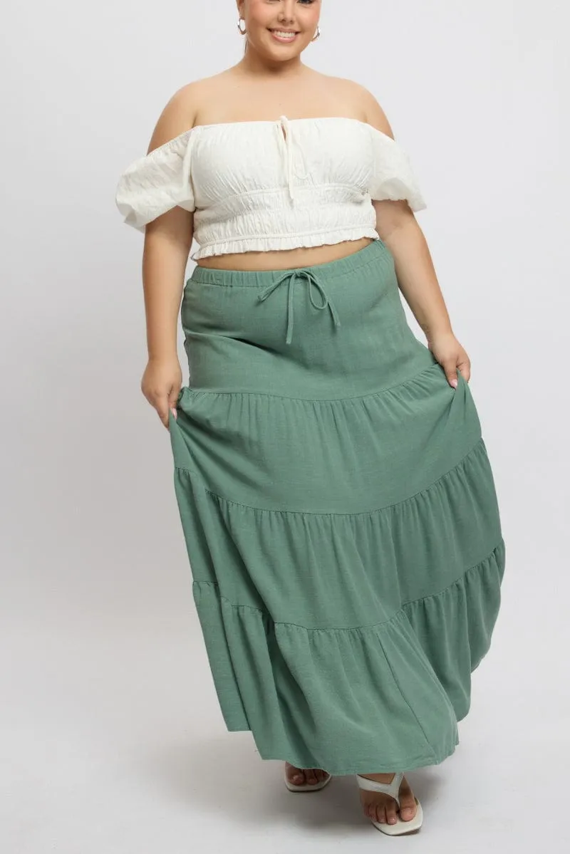 Green Elastic Waist Tiered Linen Blend Maxiskirt Comfort Innovation Gentle Flow