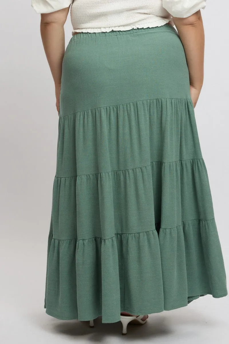 Green Elastic Waist Tiered Linen Blend Maxiskirt Elegant Feel Mix Separates