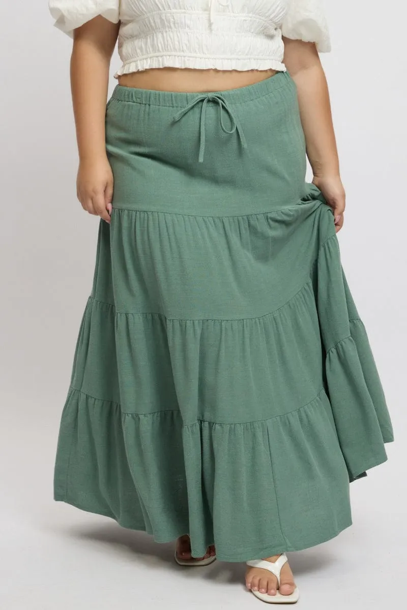 Mood Outfitboard Green Elastic Waist Tiered Linen Blend Maxiskirt