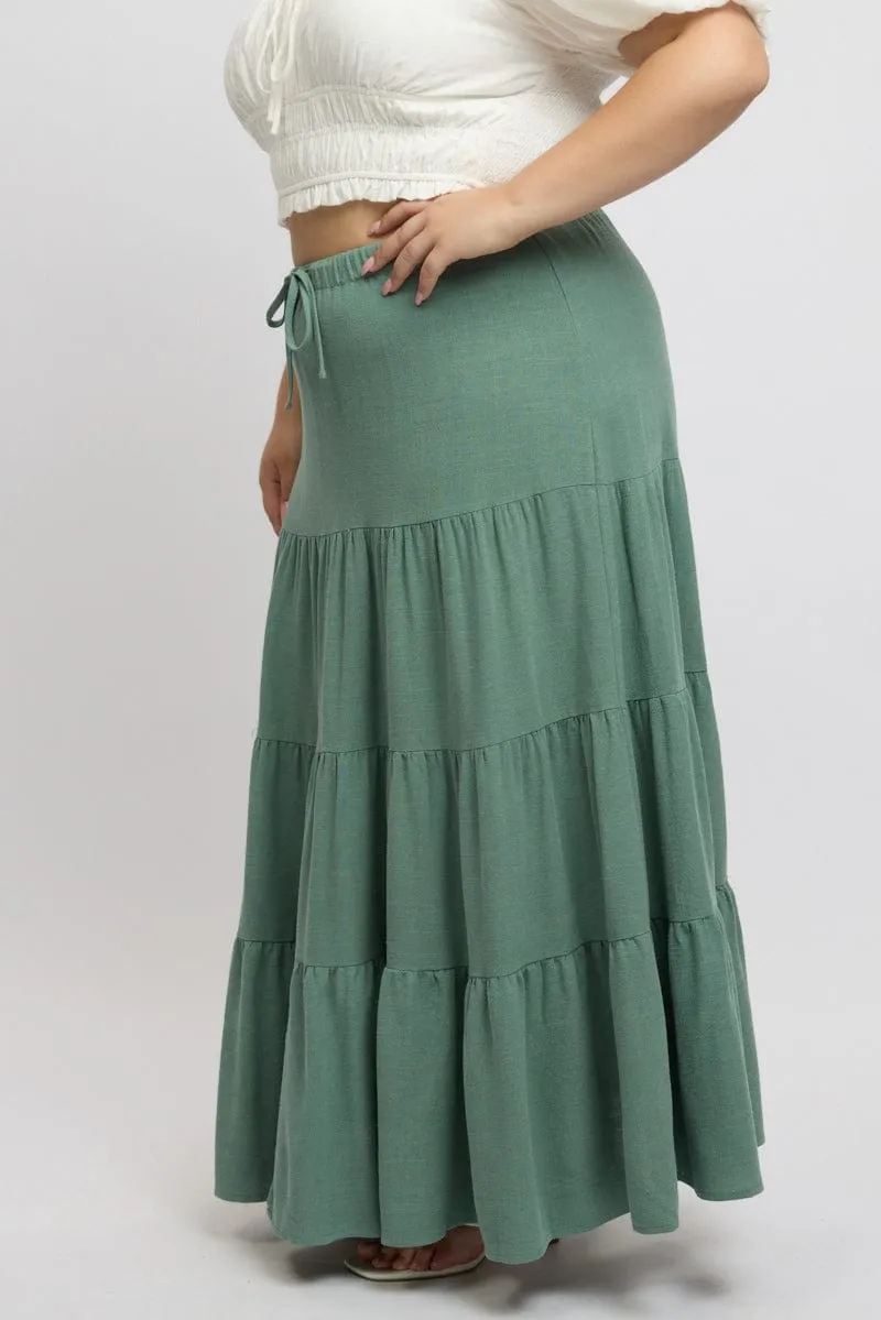Breezy Look Green Elastic Waist Tiered Linen Blend Maxiskirt