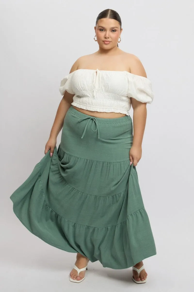 Green Elastic Waist Tiered Linen Blend Maxiskirt Road Trip