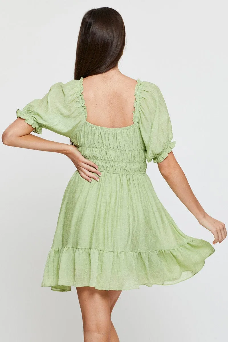 Soft Lining Fashion Design Green Dress Short Sleeve Mini