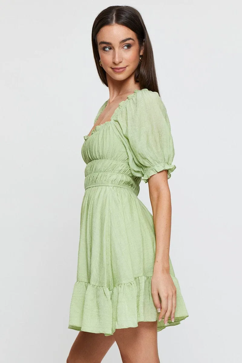 Sun Protection Fabric Green Dress Short Sleeve Mini