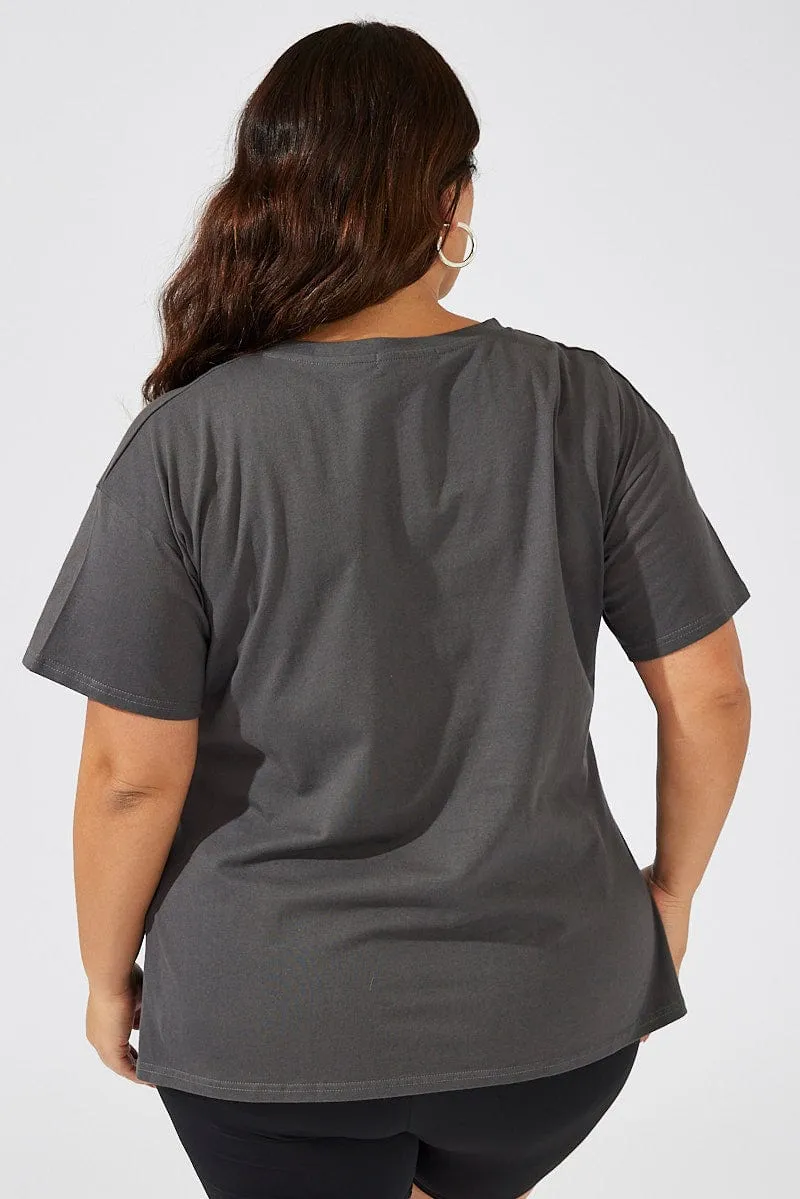 Holiday Style Grey Graphic T-shirt Short Sleeve Crew Neck