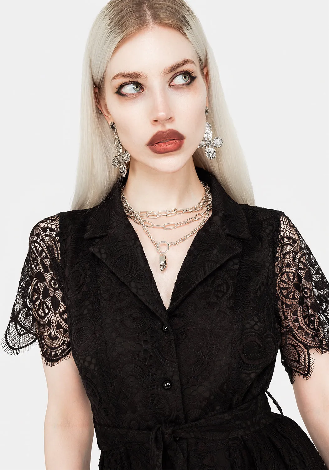 High-waisted midi dress Martyr Collar Lace Midi Shirt Dress