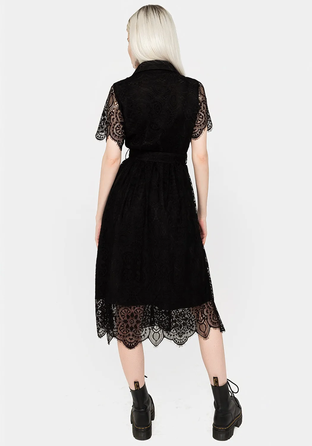 Daily Glam Martyr Collar Lace Midi Shirt Dress