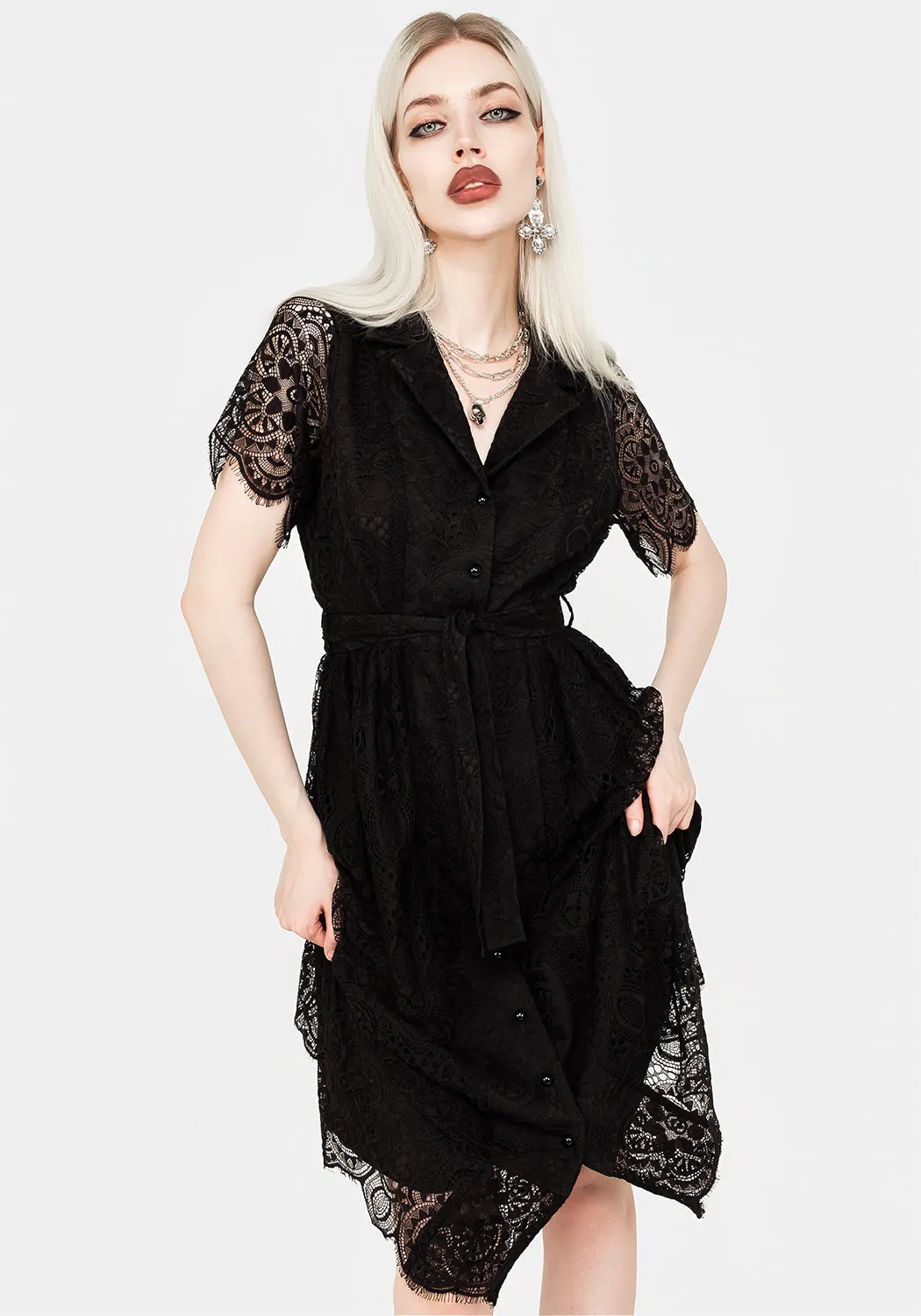Elegant dress for brunch Martyr Collar Lace Midi Shirt Dress
