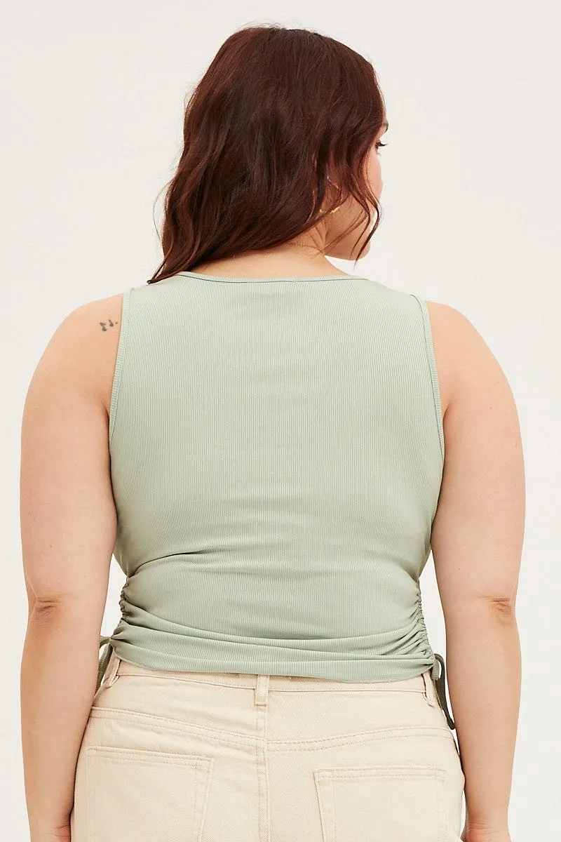 Green Tank Top Crew Neck Sleeveless Tie Side Casual Fit