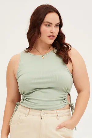 BreathableMesh EcoFriendlyMaterial Green Tank Top Crew Neck Sleeveless Tie Side