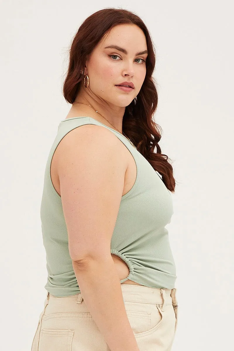 Green Tank Top Crew Neck Sleeveless Tie Side Thermal regulation
