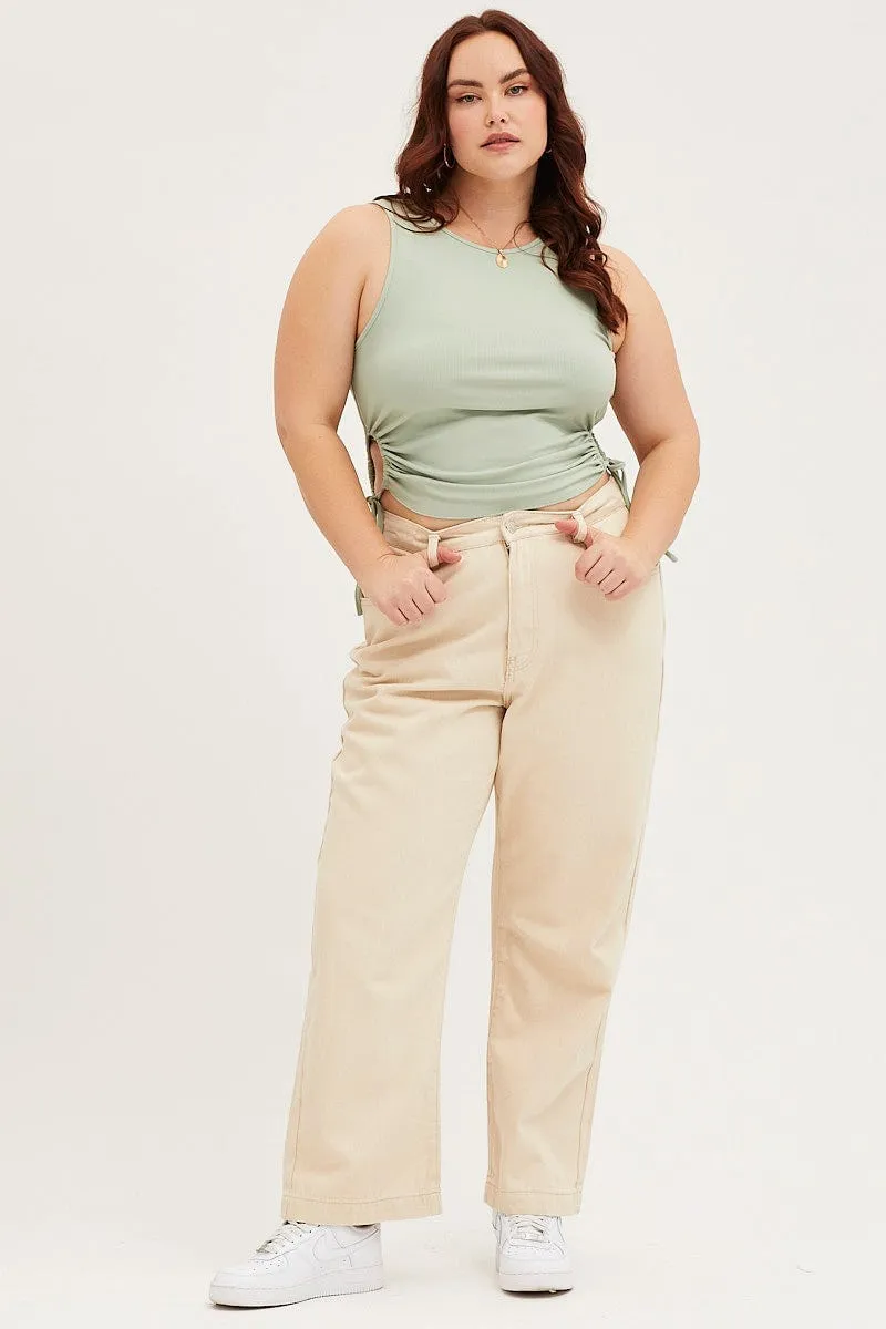 Breezy Comfort Green Tank Top Crew Neck Sleeveless Tie Side