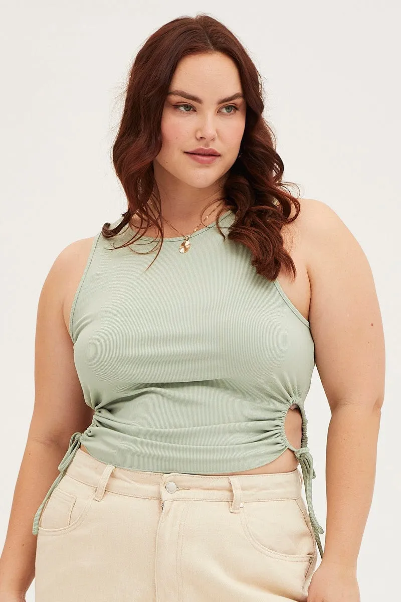 Cool Glow Reinforced Stitching Green Tank Top Crew Neck Sleeveless Tie Side
