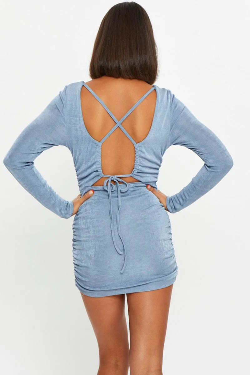Strong Denim Blue Strappy Tie Back Slinky Jersey Ruched Bodycon Dres
