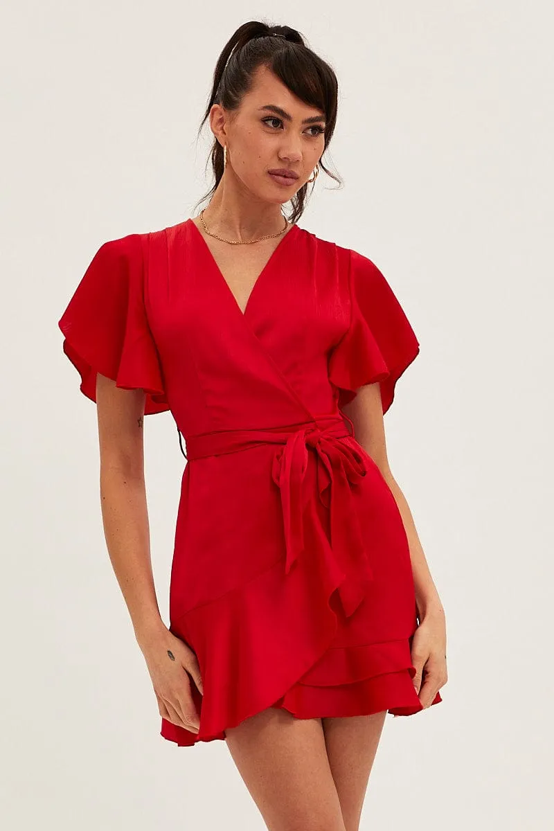 Red Wrap Dress Evening Satin ReflectiveTrims