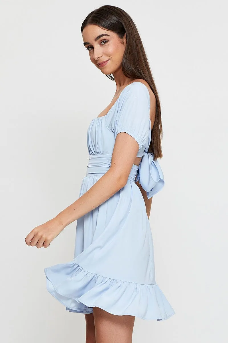 Blue Fit And Flare Dress Short Sleeve Square Neck Cozy Cardigan