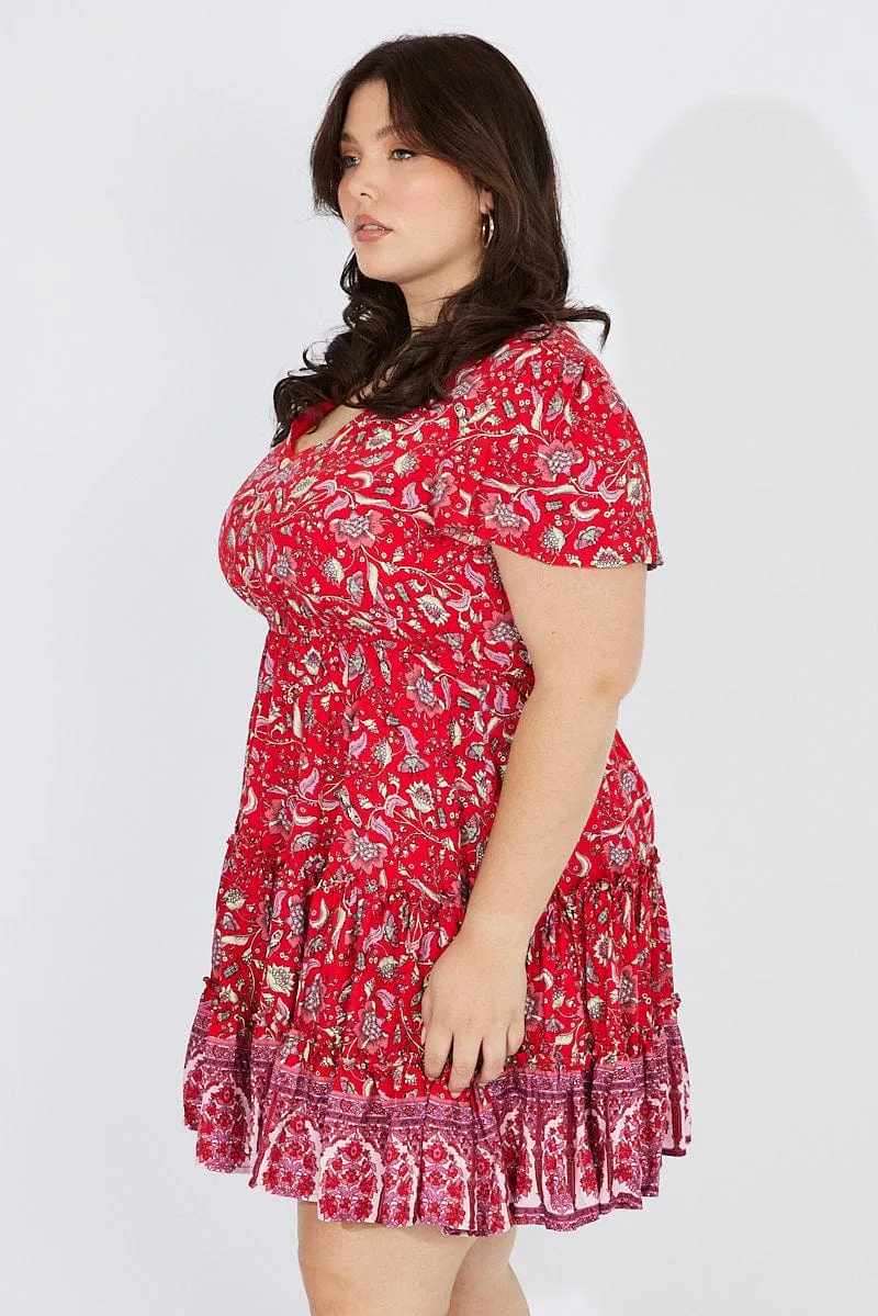 Rush Style Antimicrobial Coating Red Boho Fit And Flare Dress V-neck Mini Dress