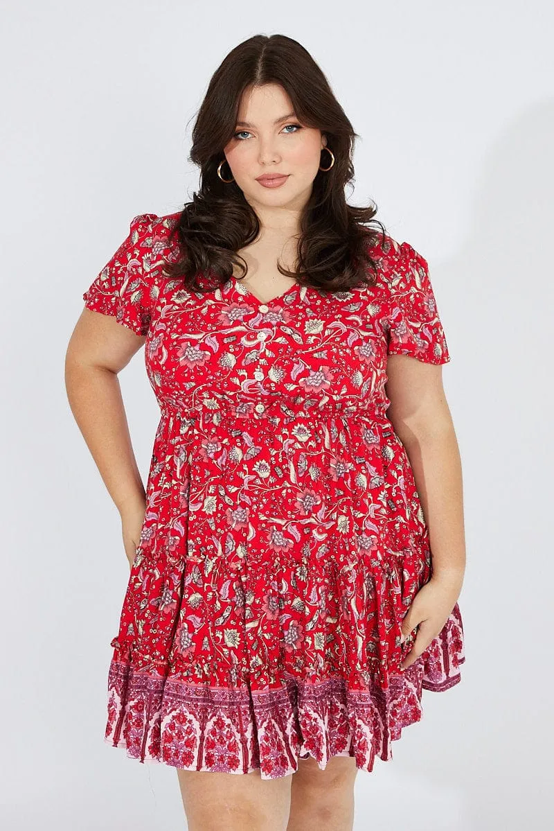 Weekend Style Red Boho Fit And Flare Dress V-neck Mini Dress