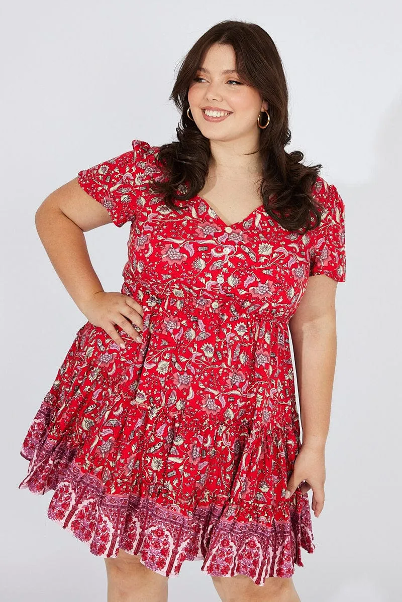 Red Boho Fit And Flare Dress V-neck Mini Dress Subtle Texture