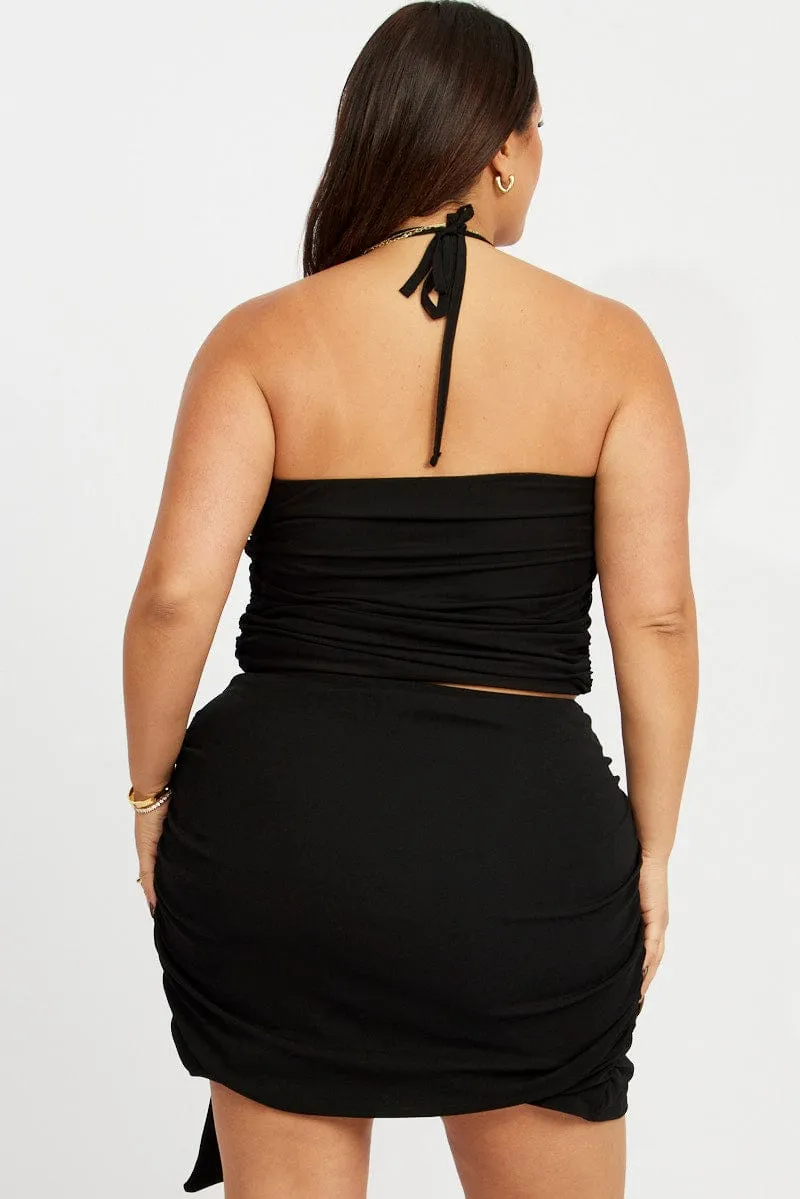 Black Rosette Mini Skirt Diagonal Slit Sequined Finish