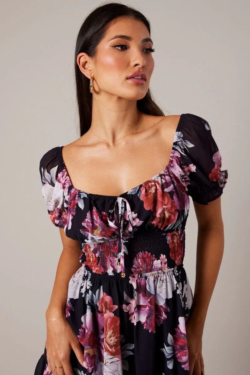 Black Floral Fit And Flare Dress Puff Sleeve Mini Active Style Story Glow