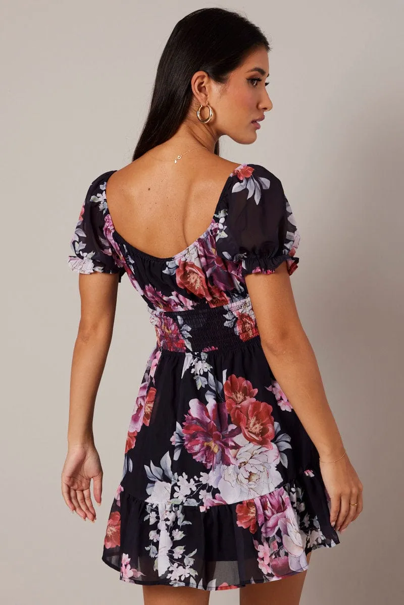 Black Floral Fit And Flare Dress Puff Sleeve Mini Bold Fashion