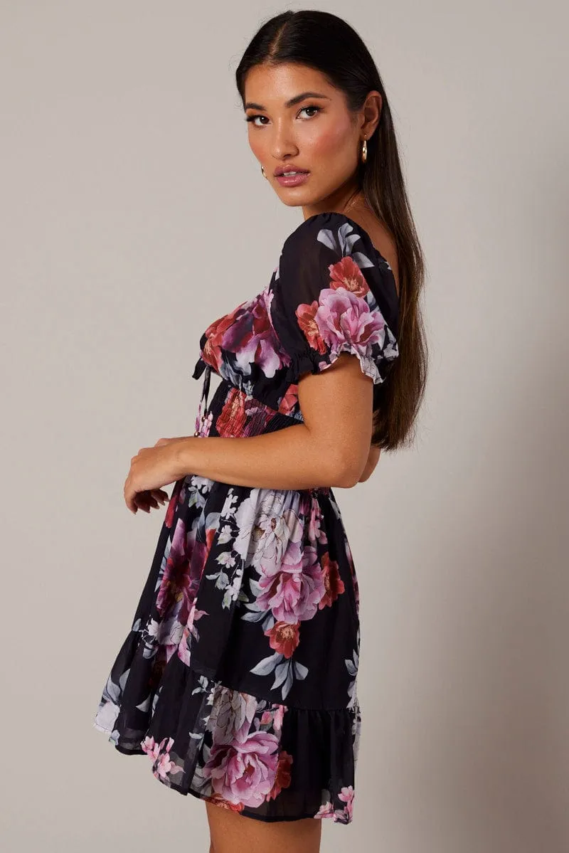 Black Floral Fit And Flare Dress Puff Sleeve Mini Seamless construction