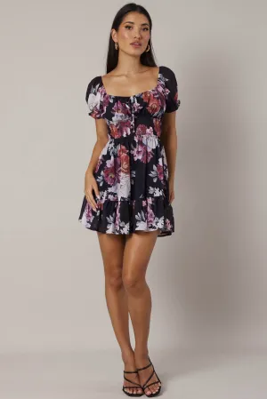 Sustainable production Relaxed trousers Black Floral Fit And Flare Dress Puff Sleeve Mini