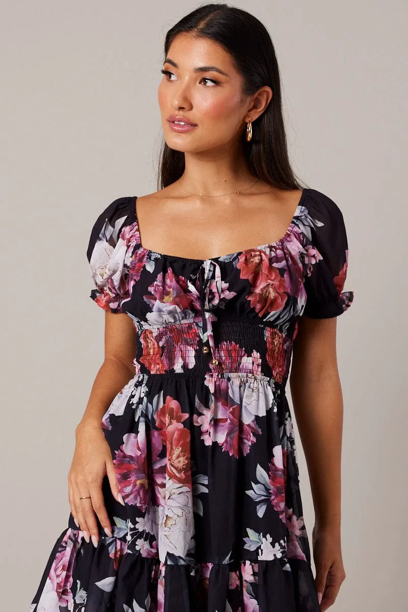 Black Floral Fit And Flare Dress Puff Sleeve Mini summer shorts