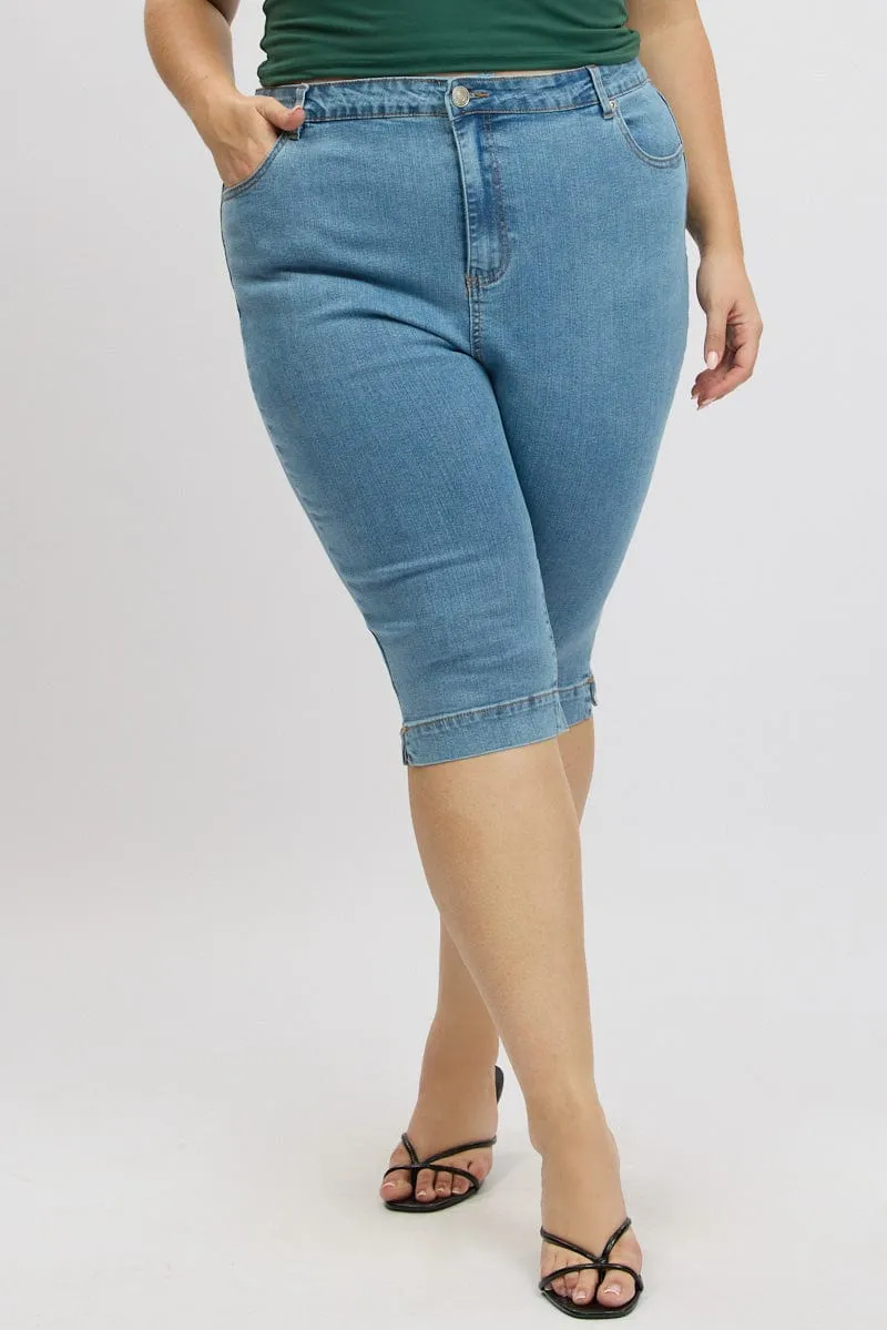 Ventilated Back Panels Denim Capri Jeans Mid Rise