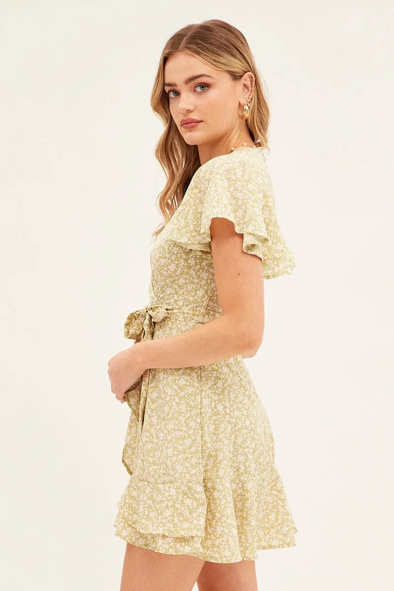 Green Floral Wrap Dress Short Sleeve Mini Fit And Flare Relaxed trousers Weather Ready