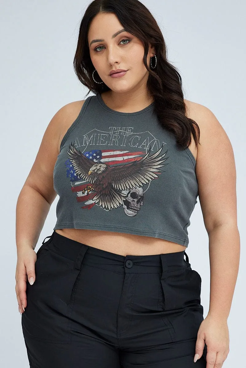 Timeless Look Grey Rib Tank Eagle Graphic Sleeveless