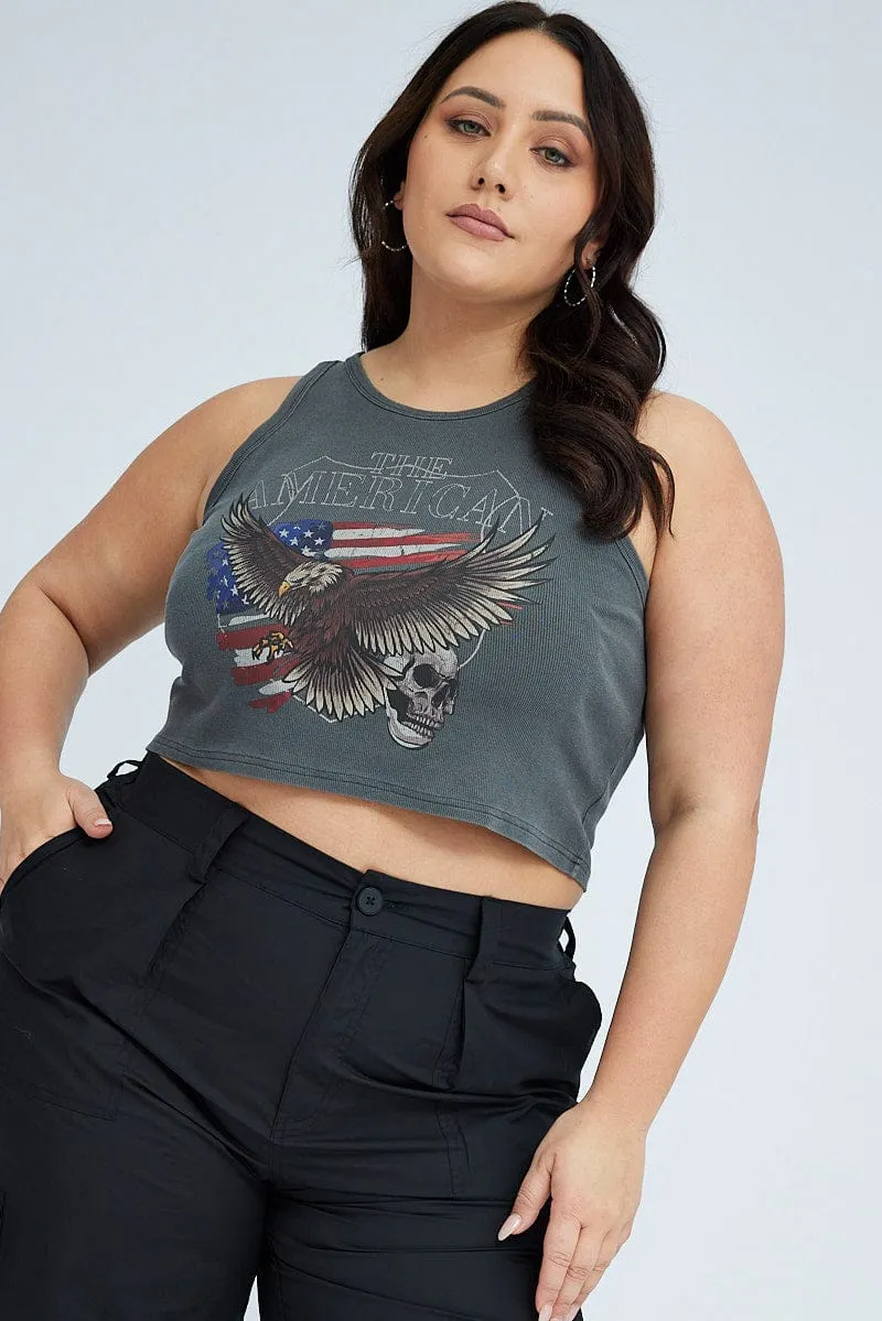 Grey Rib Tank Eagle Graphic Sleeveless FrictionResistant OekoTexCertified